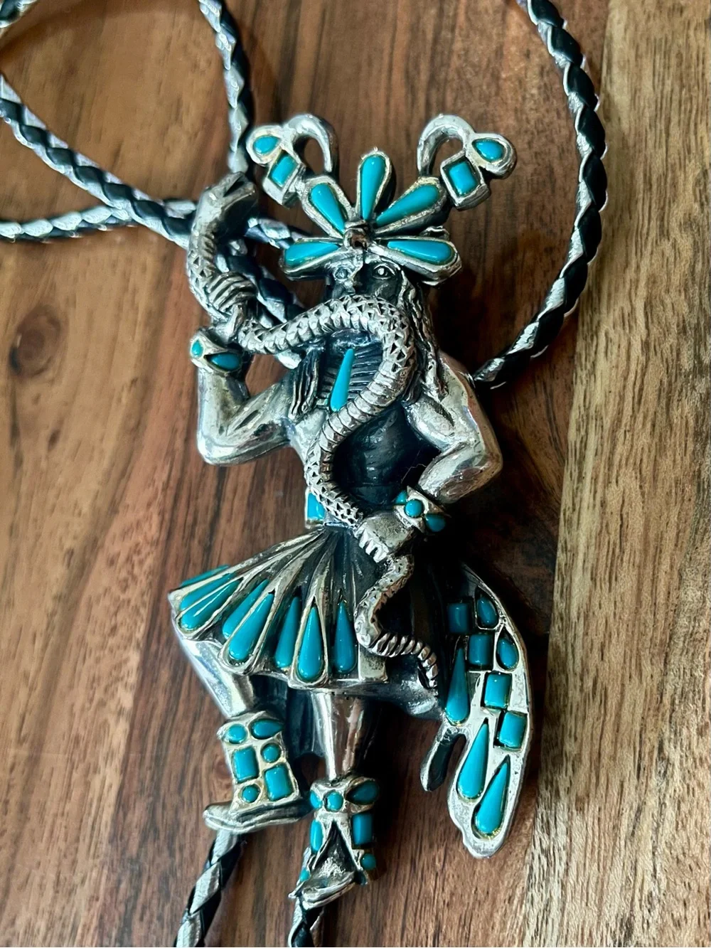 Vintage Southwestern bolo tie silver-toned Kachina dancer with snake
